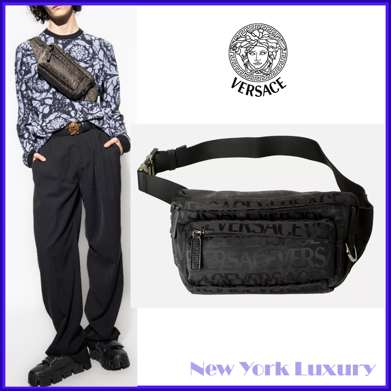 Versace★Unisex Black Logo Crossbody Fanny Sling Bag