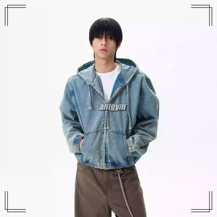 春秋 ジップ デニムフーディ M〜XL ウォッシュド