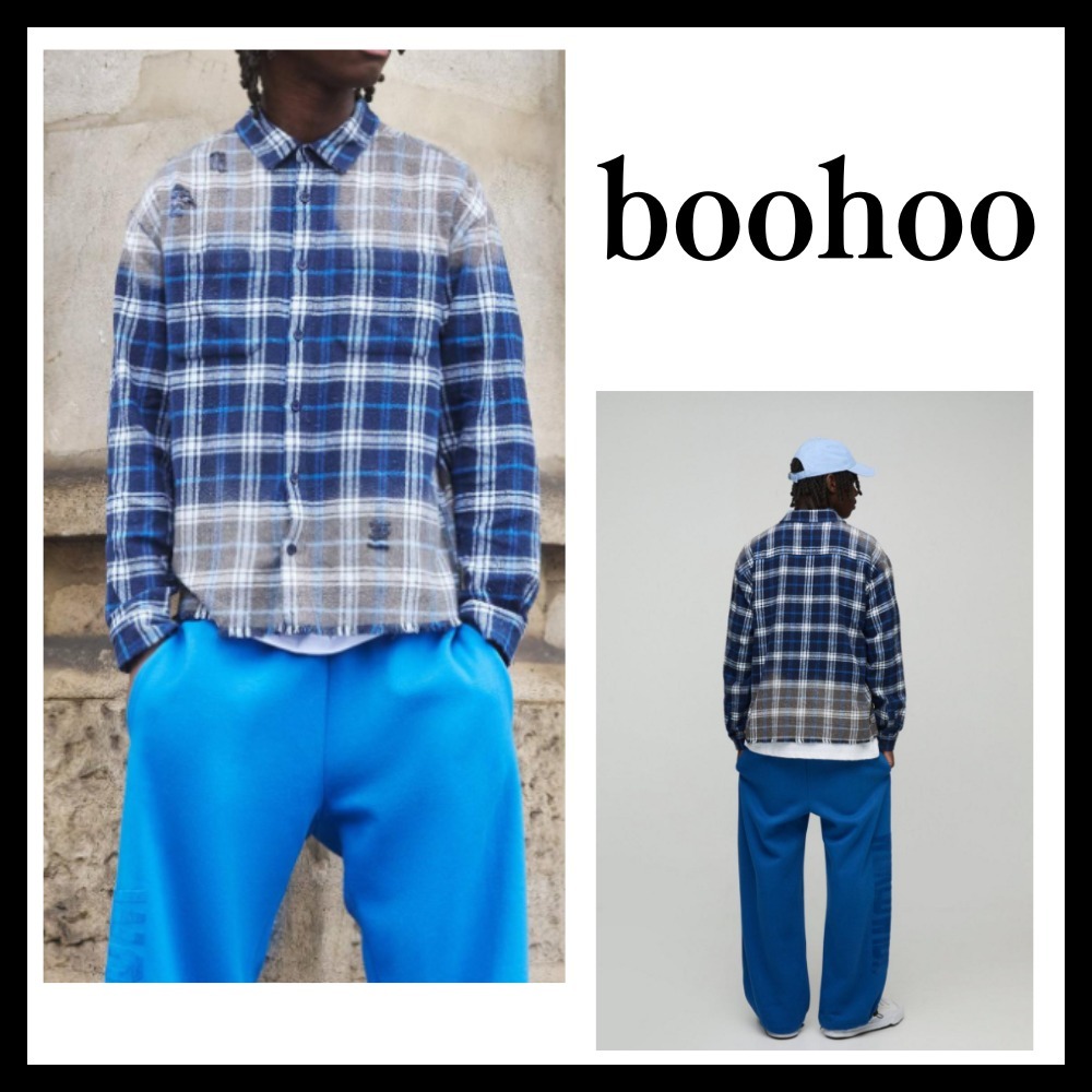 ◆ boohoo ◆ オーバーサイズチェック柄 ダメージ加工 シャツ