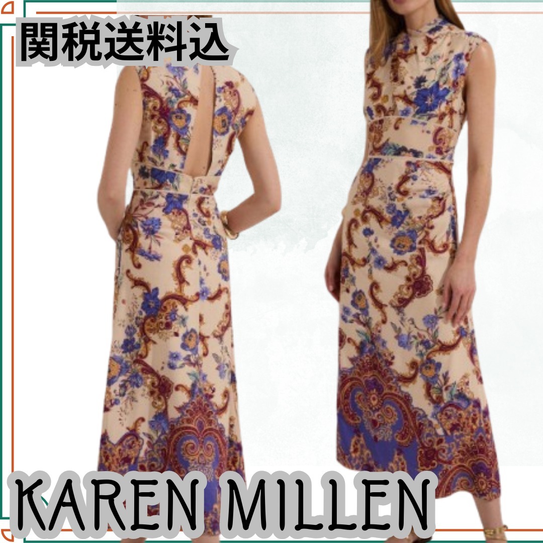 関送込【KAREN MILLEN】ペイズリーボーダープリントミディドレス