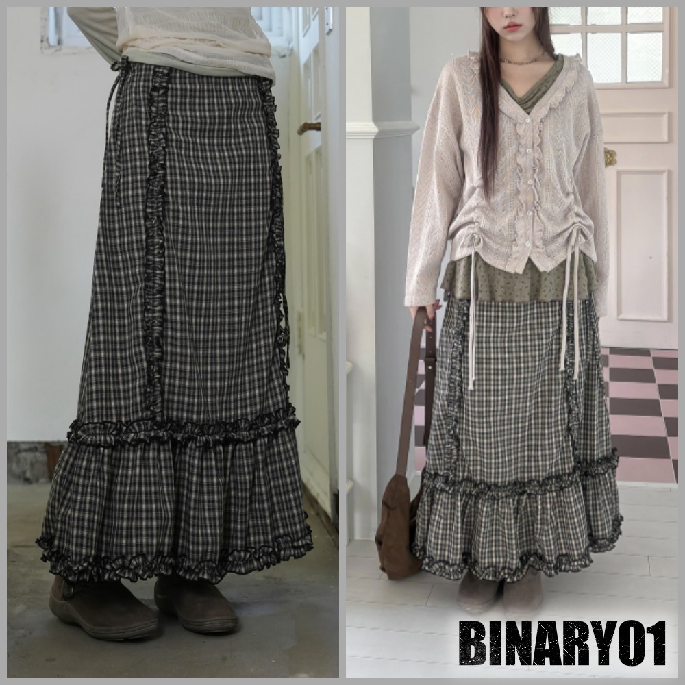 ★Binary01★ フリルポイントチェックロングスカート 2COLORS