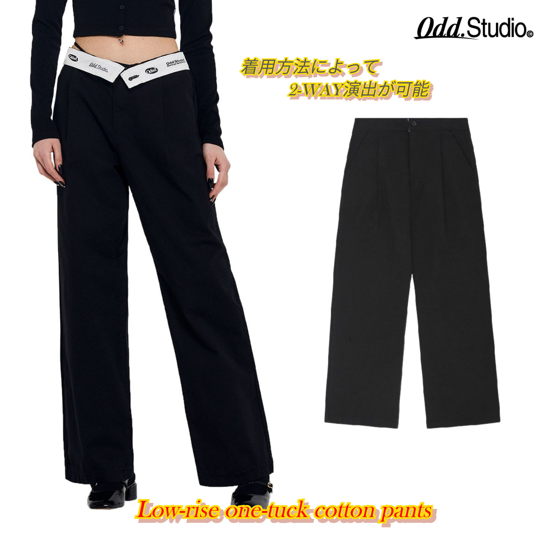 ★Odd Studio★ Low-rise one-tuck cotton pants BLACK