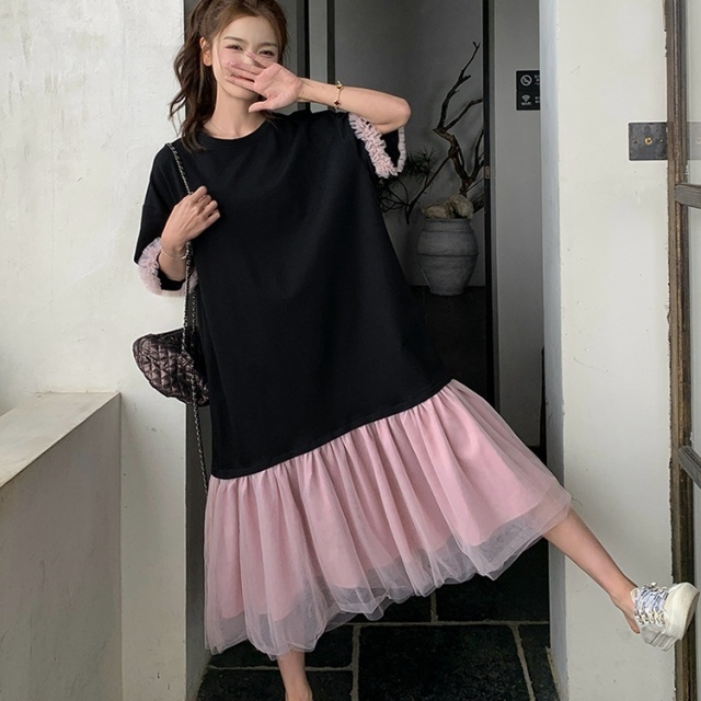 ワンピース Tシャツワンピ レディース 切り替え チュール ロング