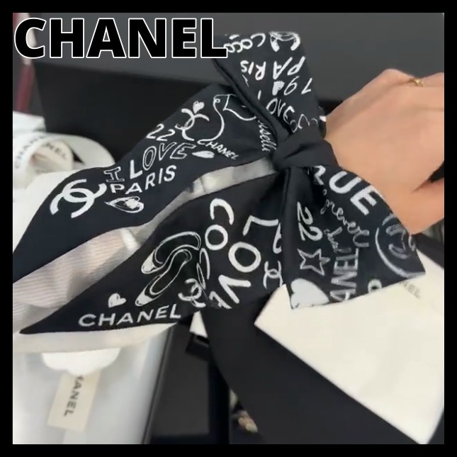 《モノクロだけど可愛い♪》CHANEL リボン シュシュ CCロゴ
