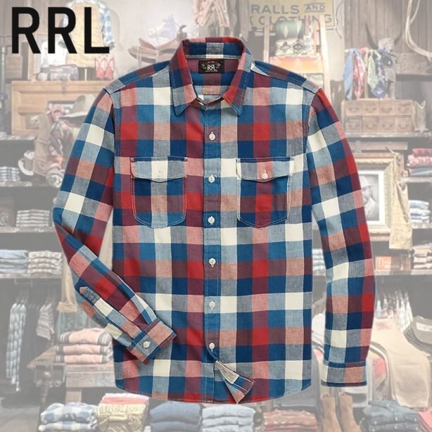 国内正規 RRL インディゴ チェック コットンリネン ワーク シャツ