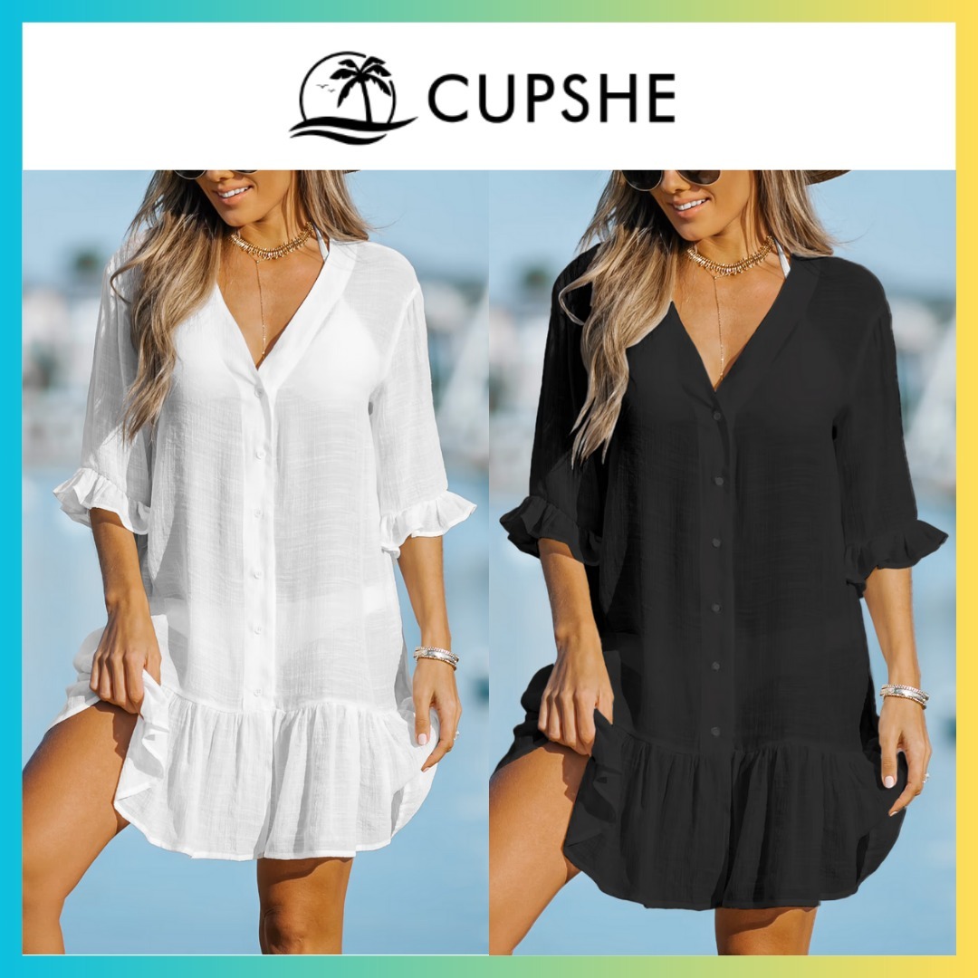 【CUPSHE】 透け感 水着カバー フリル シャツドレス 関込