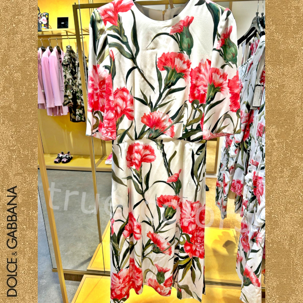 DOLCE&GABBANA カーネーションプリント シルク製 ミディ丈ドレス