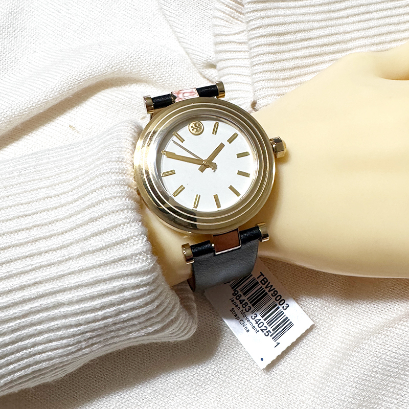 美しい時計★TORY BURCH Classic-T Black Leather Strap Watch