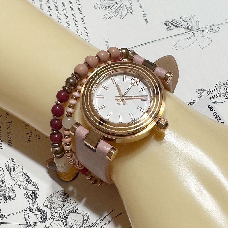 美しい時計★TORY BURCH Classic-T Pink Leather Strap Watch