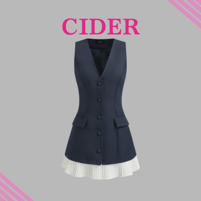 Cider Vネック ツートン プリーツ ミニドレス ワンピース