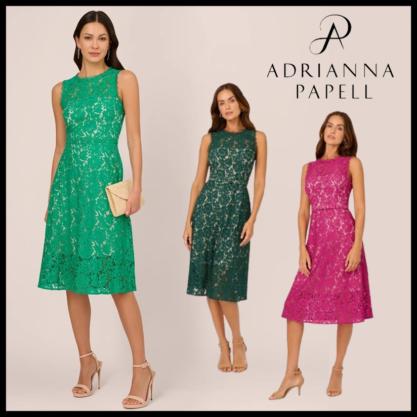 Adrianna Papellノースリーブ レースフィットアンドフレアドレス
