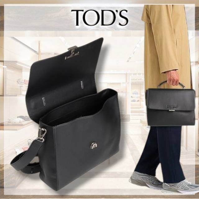 TOD'S* トッズ ロゴ レザー ハンドバッグ ラージ ブラック