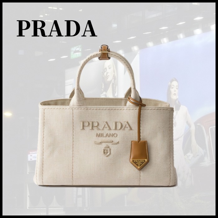 ■PRADA プラダ ラージ リネンブレンド ハンドバッグ