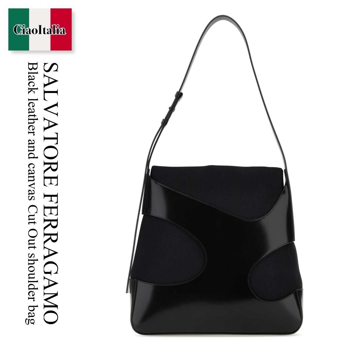 ショルダーバッグ Salvatore Ferragamo Black Leather And Canvas Cut Out Shoulde