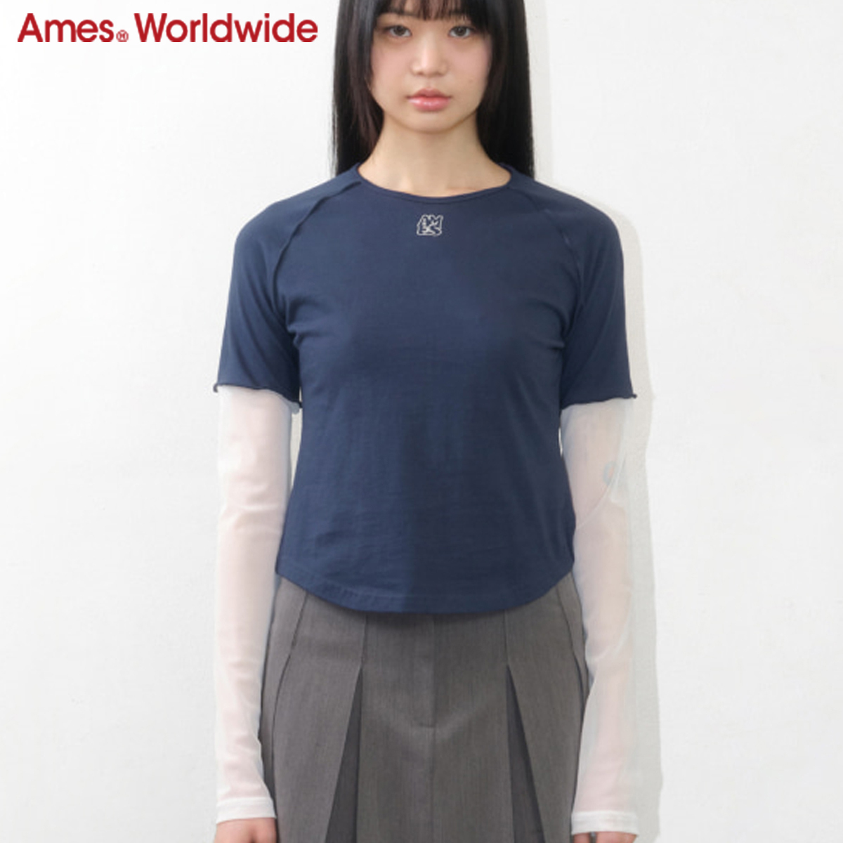★AMES-WORLDWIDE★LACE BLOCK LONG SLEEVE TEE BLUE★正規品