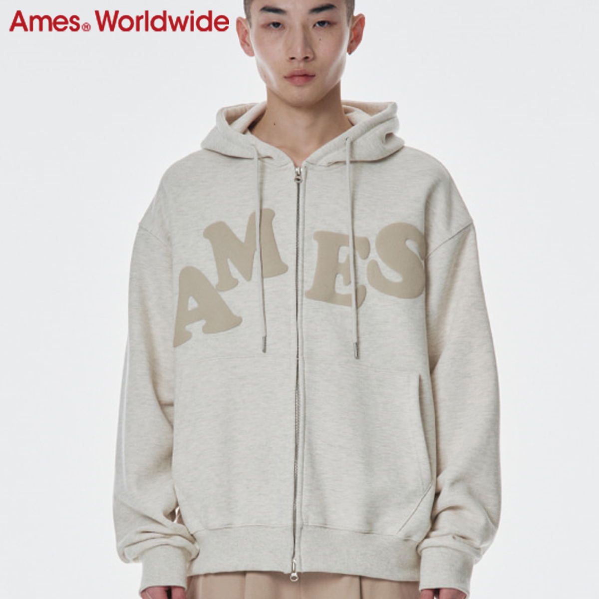 ★AMES-WORLDWIDE★BIG TYPO HOODIE ZIP UP OATMEAL★正規品
