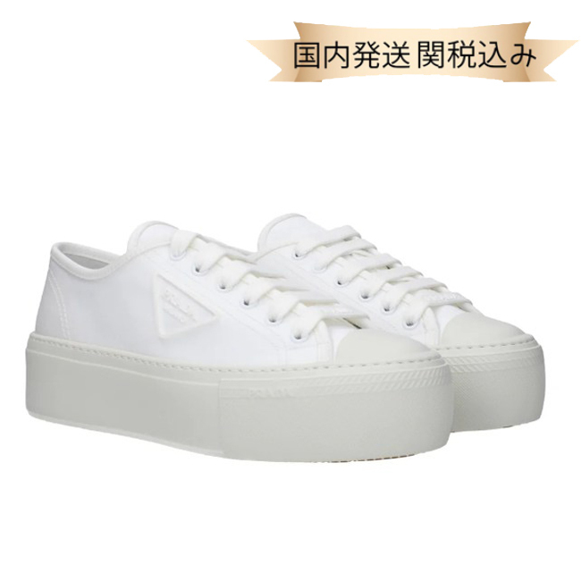 国内発送【PRADA】レースアップ ファブリック スニーカー白