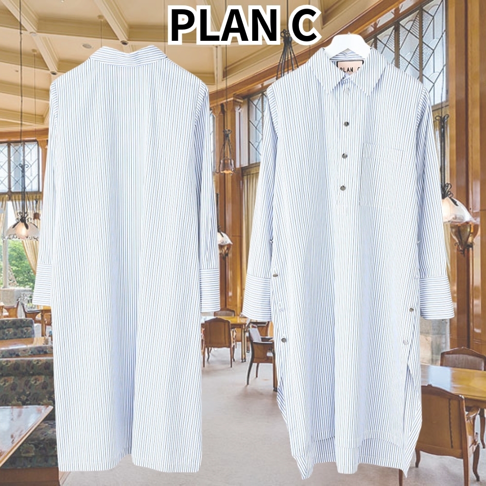 PLAN C*おしゃれなデザイン*ストライプ柄ポプリンシャツドレス