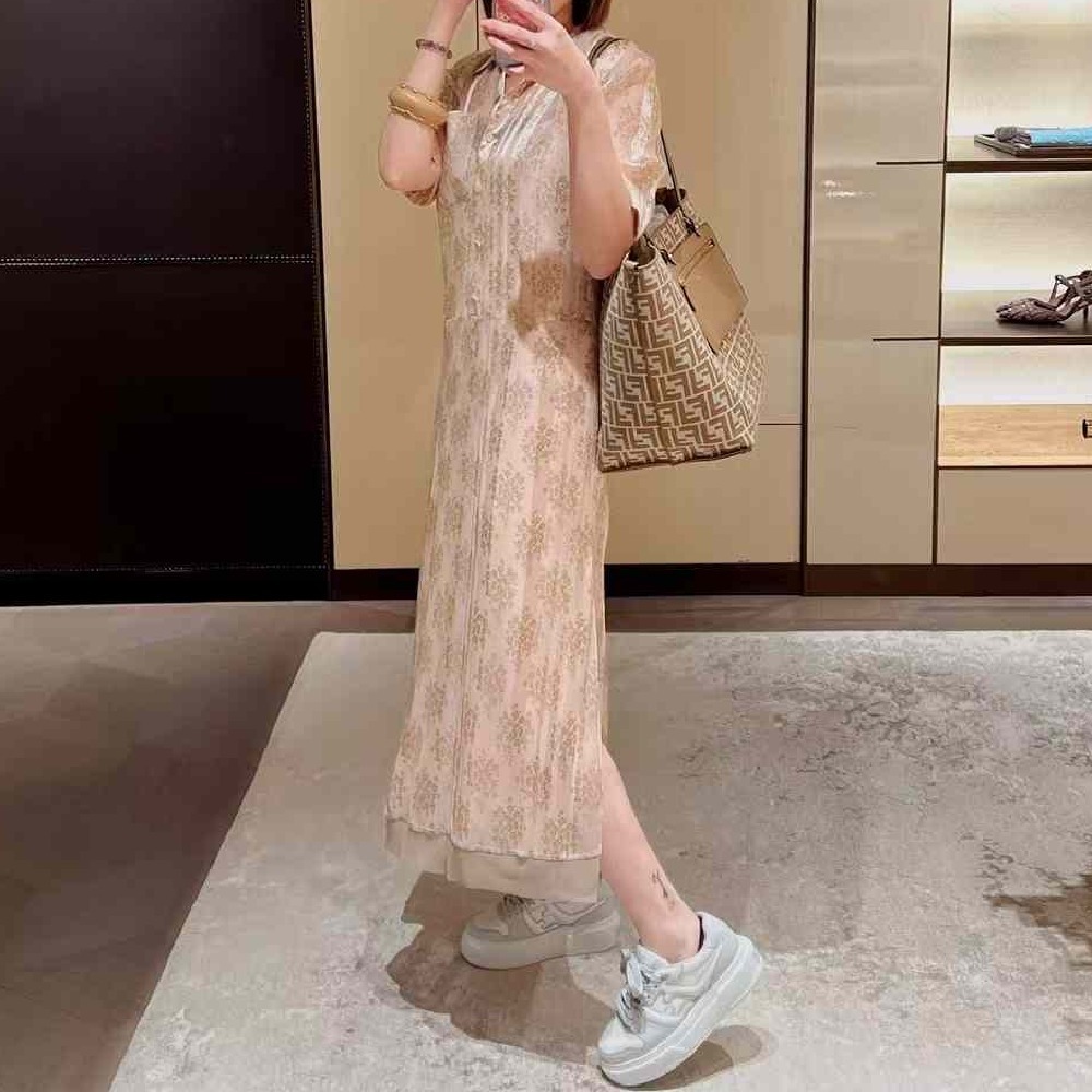 【FENDI】25SS 花柄 ピンクシフォン シャツドレス 半袖