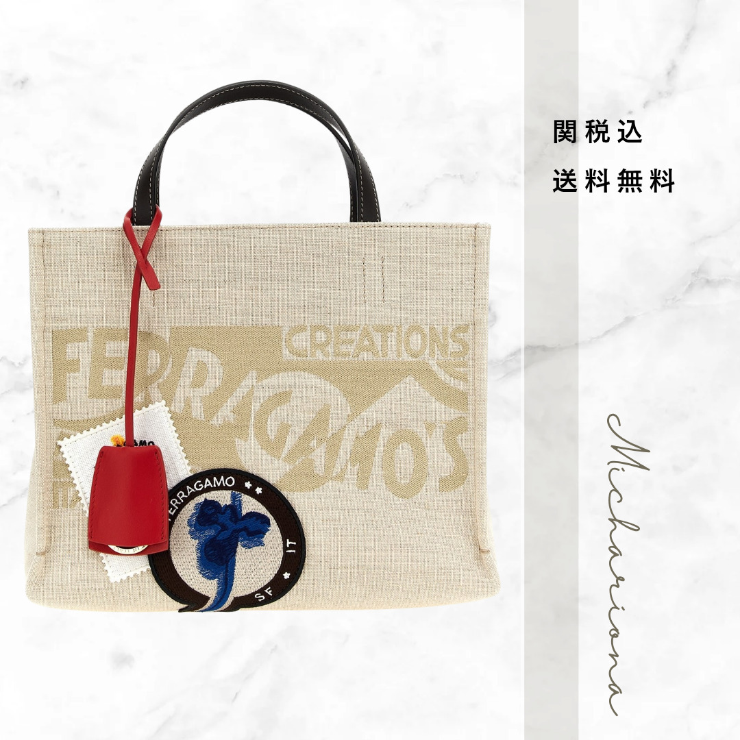 FERRAGAMO フラワーモチーフ 刺繍パッチ ロゴトートバッグ (M)