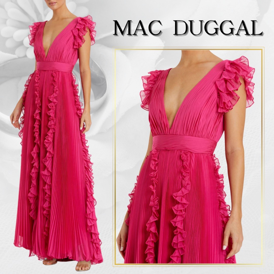 【Mac Duggal】ピンクのプリーツロングドレス 関税送料込【MAC DUGGAL】ロング ワンピース プリーツ ピンク