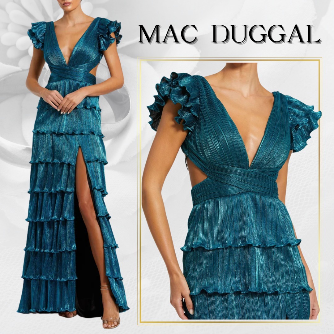 【MAC DUGGAL】ロングドレス ブルー Vネック 花柄 半袖 フリル MAC DUGGAL】ロングドレス ブルー Vネック プリーツ フリル (Mac