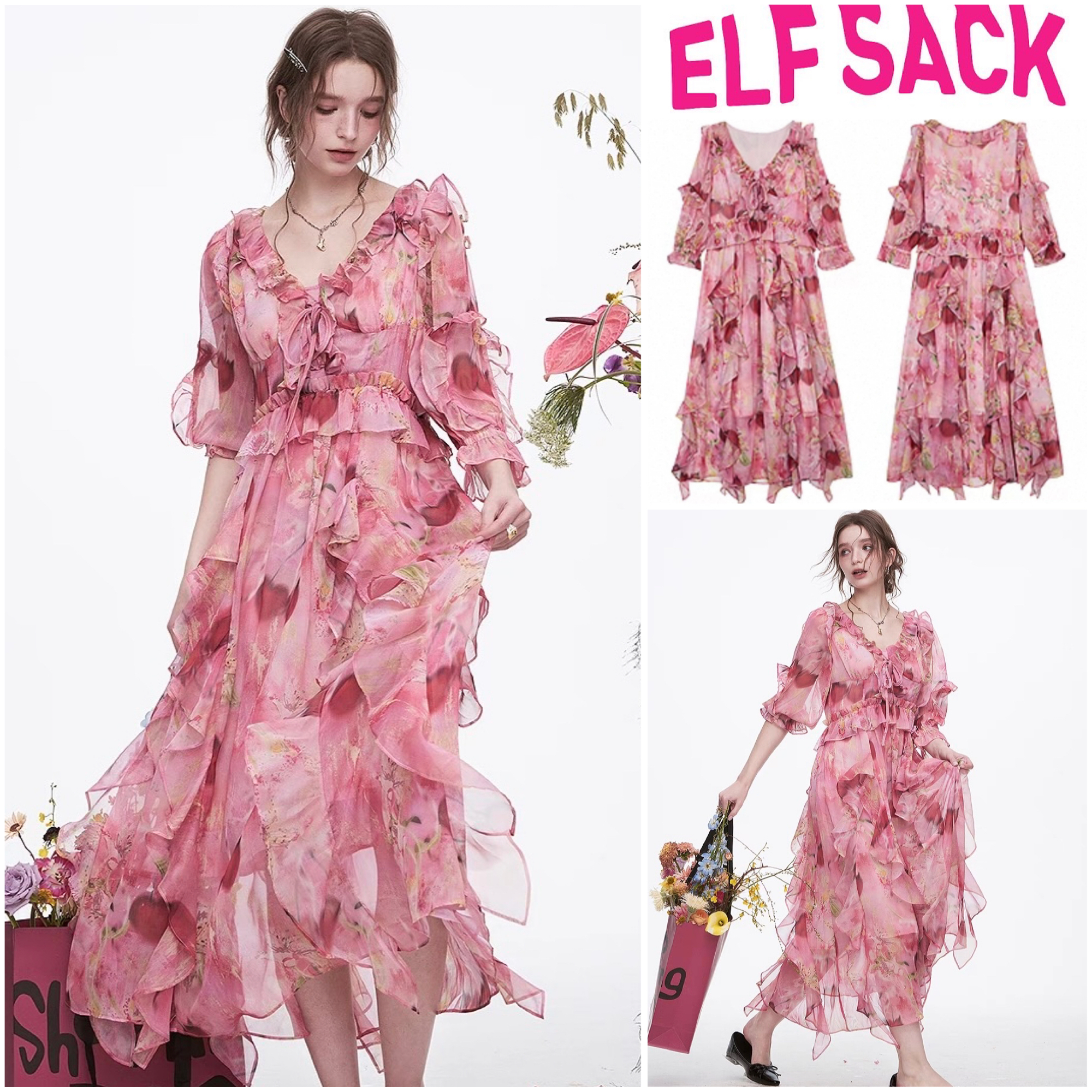 ★ELF SACK★ Vネック フリル 花柄 シフォン ワンピース/送料込