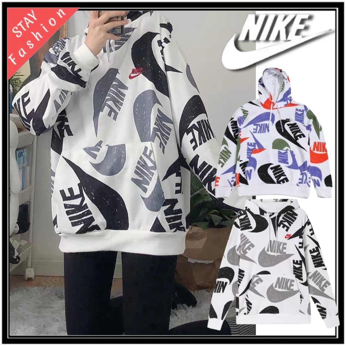 ★手描き風スウォッシュおしゃれ!NIKE All-over print パーカー