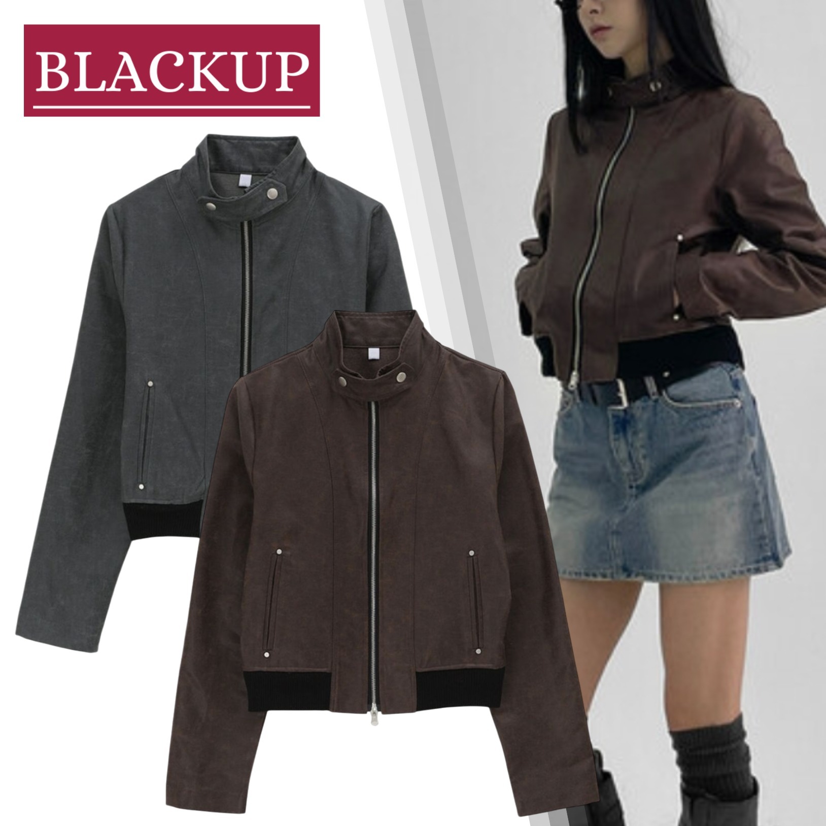 韓国発【BLACKUP】ソトルクハイネッククロップレザージャケット
