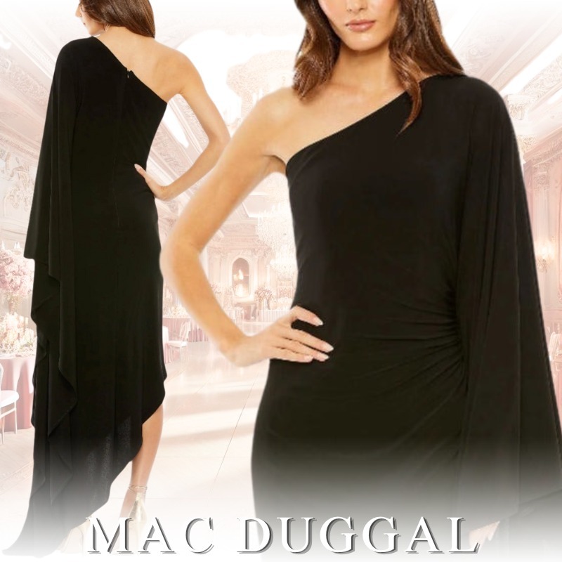MAC DUGGAL ワンショルダー ケープスリーブシャーリング ドレス