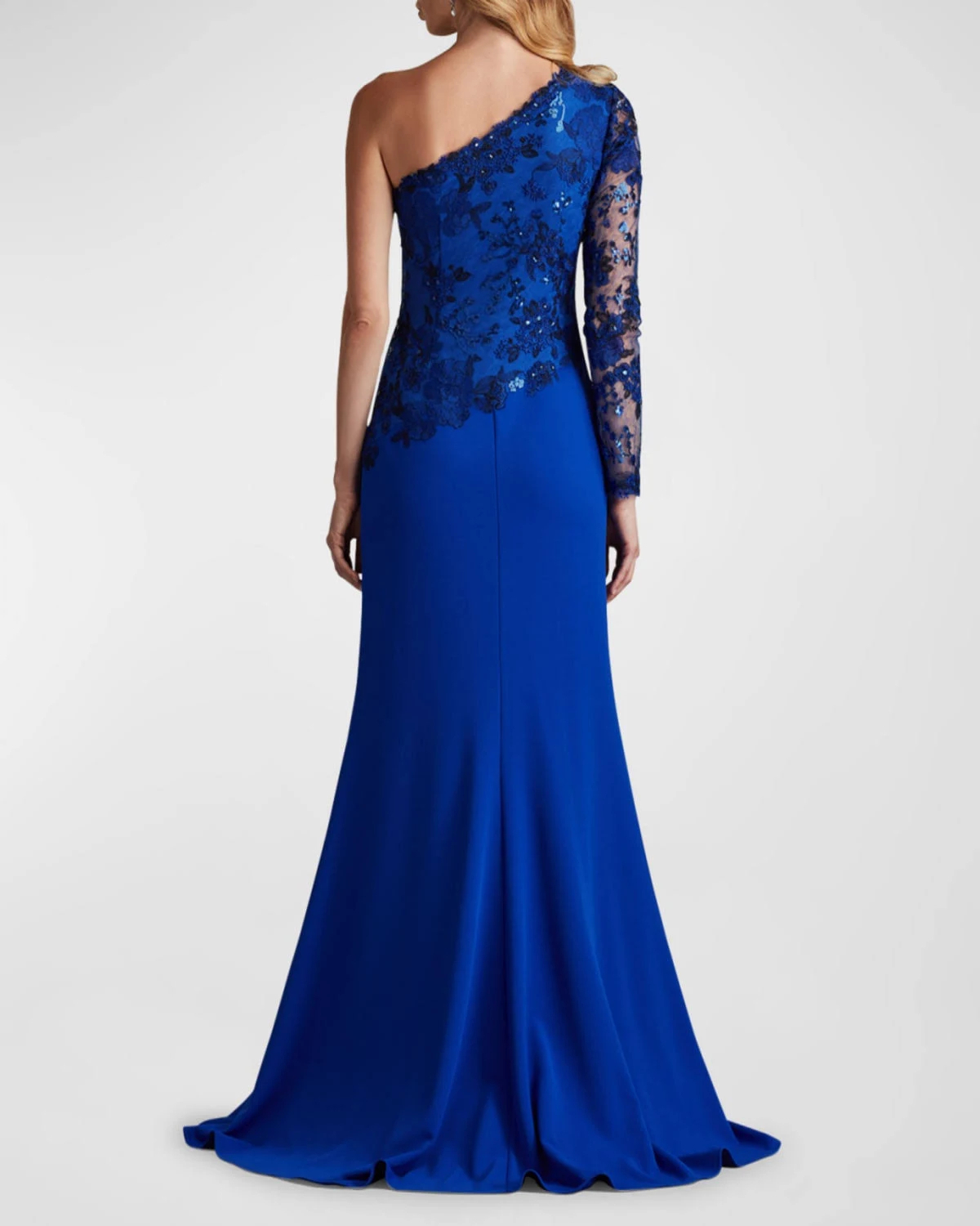 TADASHI SHOJI レース紺オフショルダーロングドレス袖ドレープ Tadashi Shoji】青レース ワンショルダーロングドレス