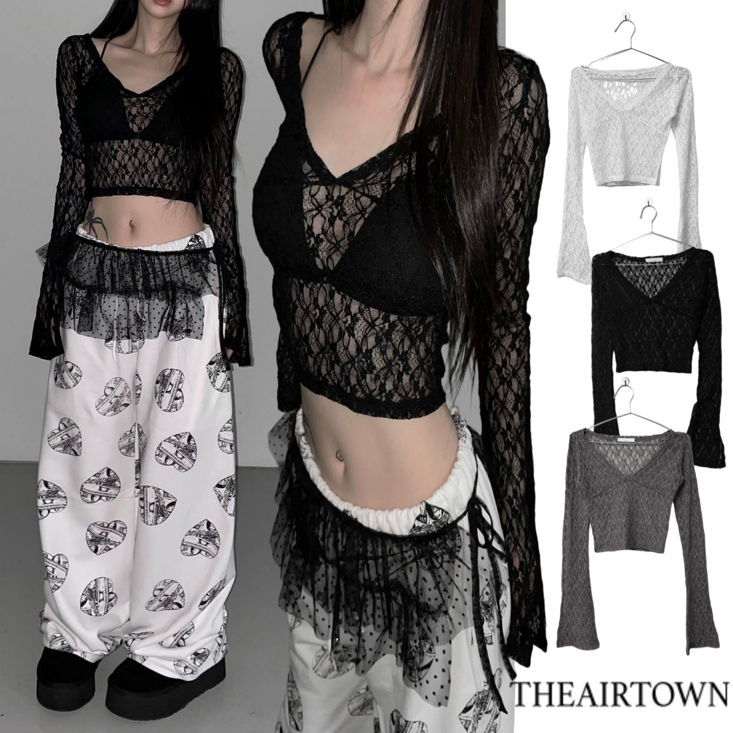 【THEAIRTOWN】レース Vネック フレアスリーブ タイトトップス
