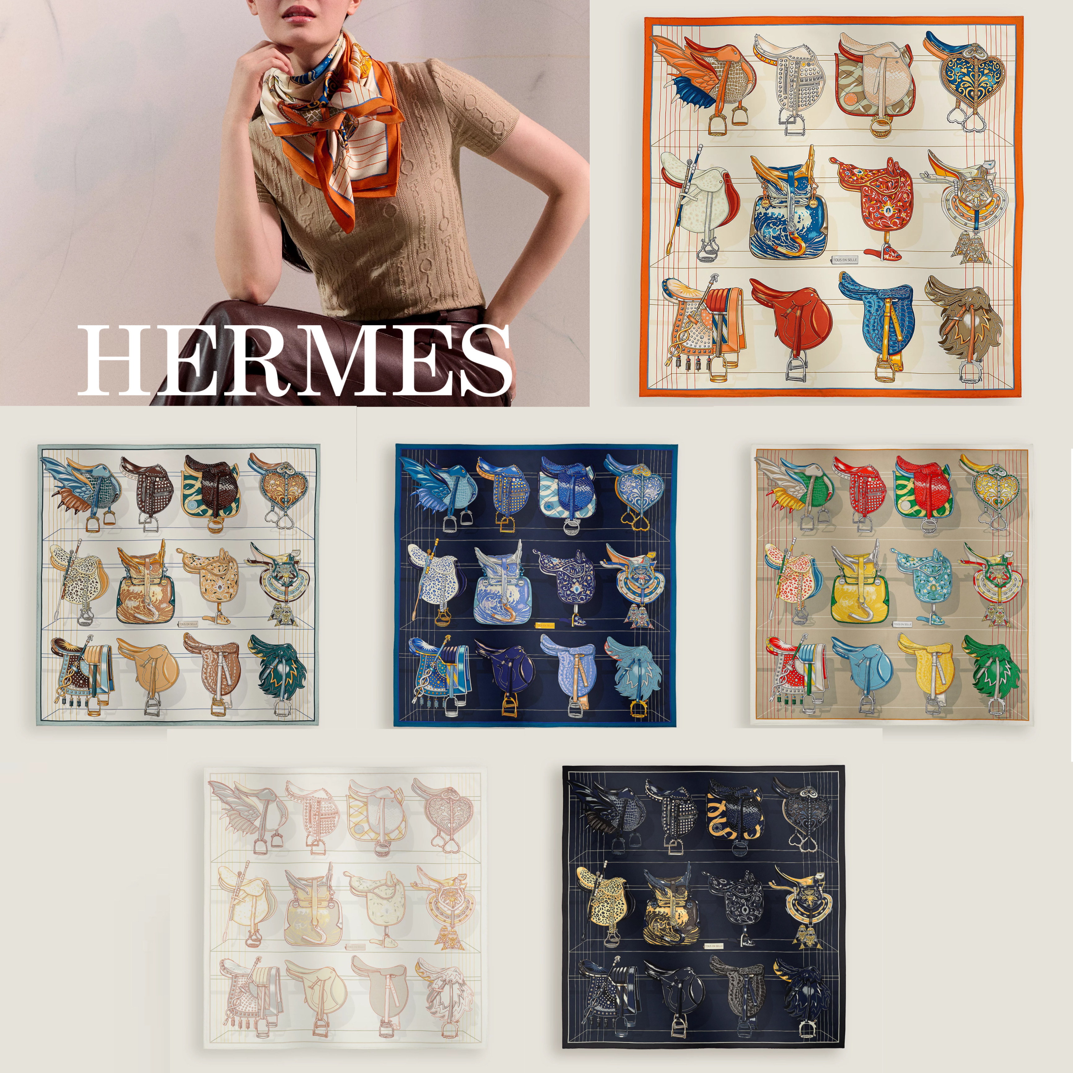 新作*HERMES*シルクスカーフ90 Tous en Selle カレ 馬具
