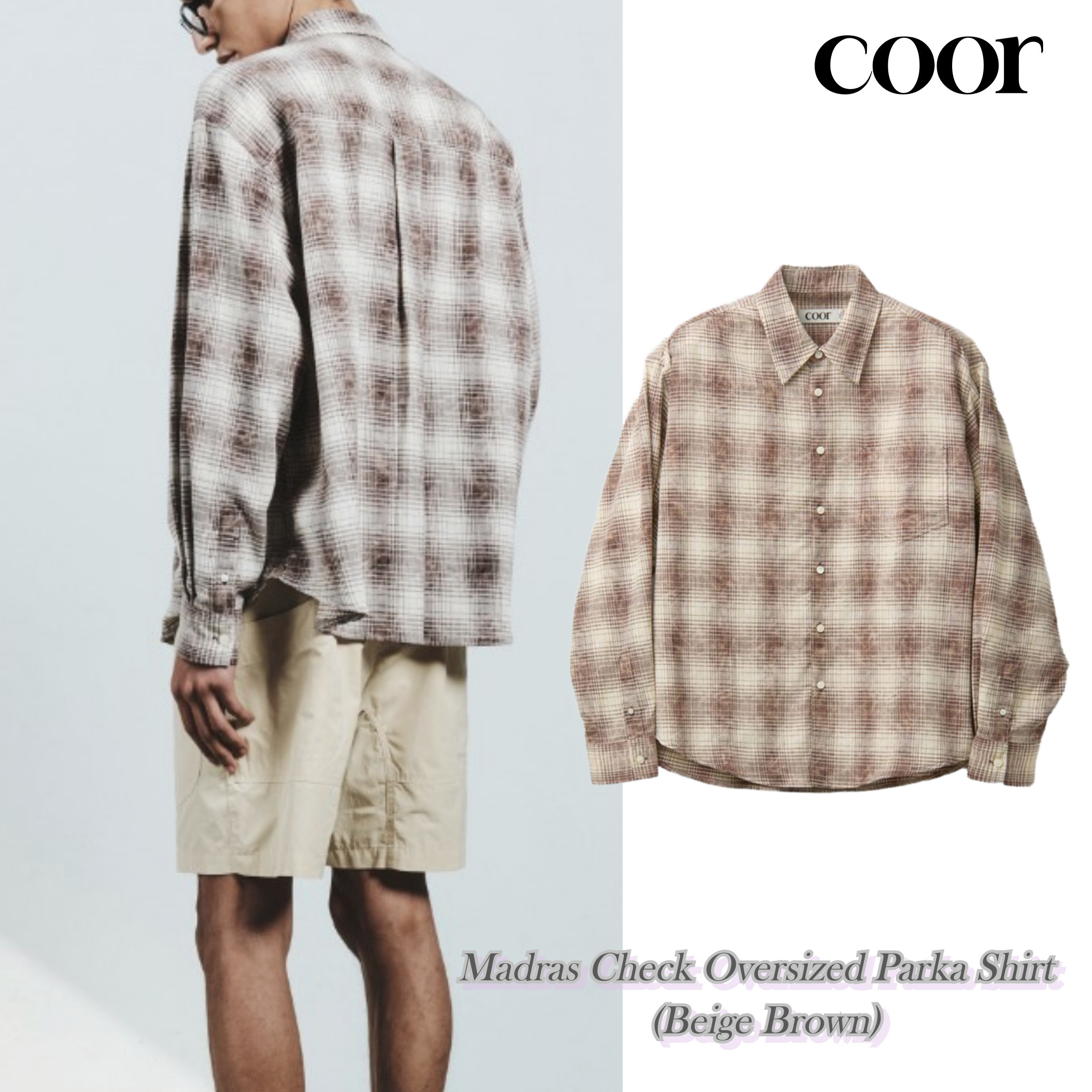 ★COOR★ Madras Check Oversized Parka Shirt (Beige Brown)