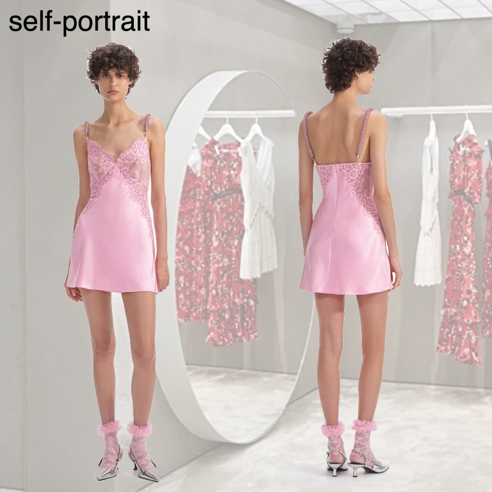 【希少】SELF PORTRAIT ピンク レース サテン ミ二ドレス キャミ