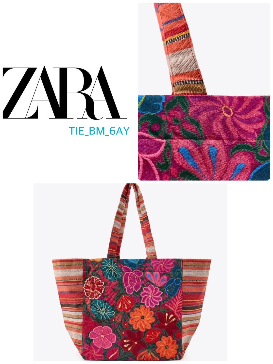 スペイン発送 ZARA 刺繍入りフラワーショッパーバッグ 今季新作