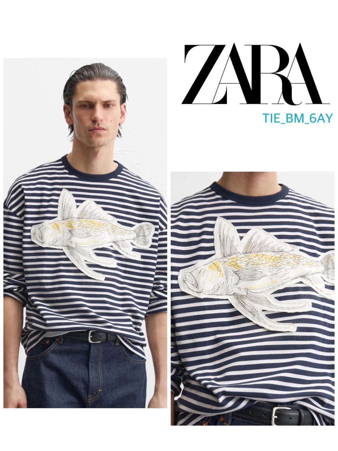 スペイン発送 ZARA ストライプパッチTシャツ ホワイトマリン