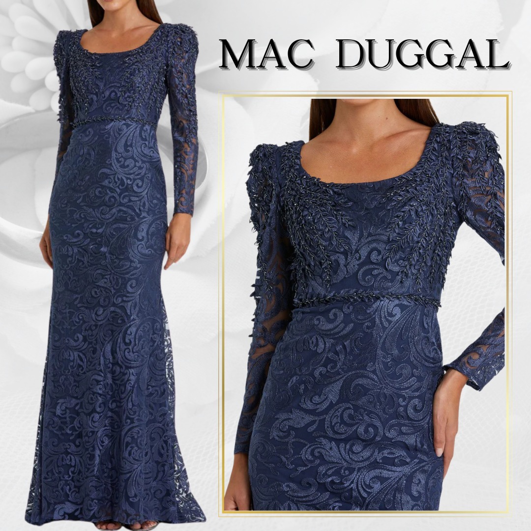 【MAC DUGGAL】ロングドレス ブルー 長袖 パフスリーブ レース