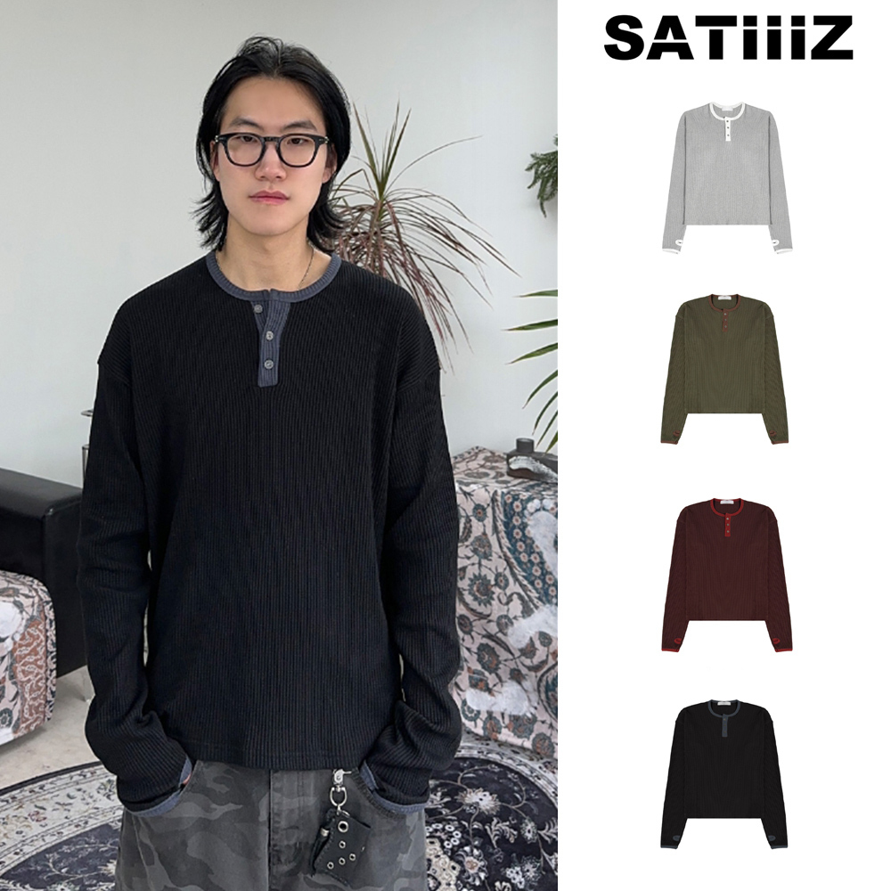 【SATIIIZ】Leto Waffle Henley Neck Ringer Tee