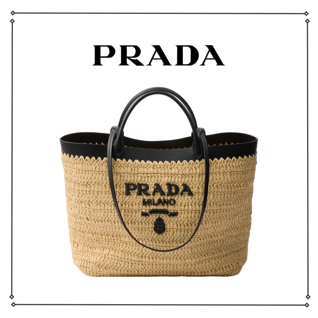 PRADA ミディアムサイズのクロシェ編みとレザーのトートバッグ