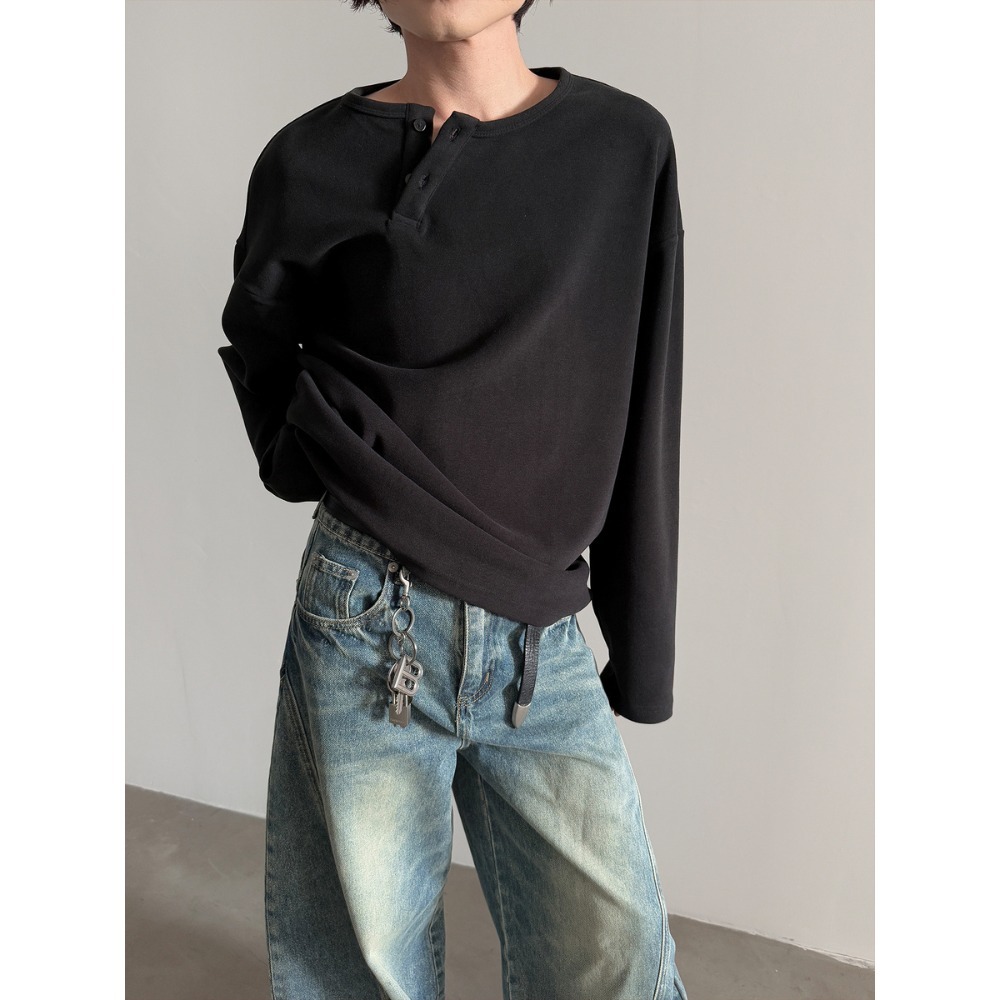 スラッシュ ヘンリーネック ロンT 長袖 Tシャツ 韓国 2色 hr8289