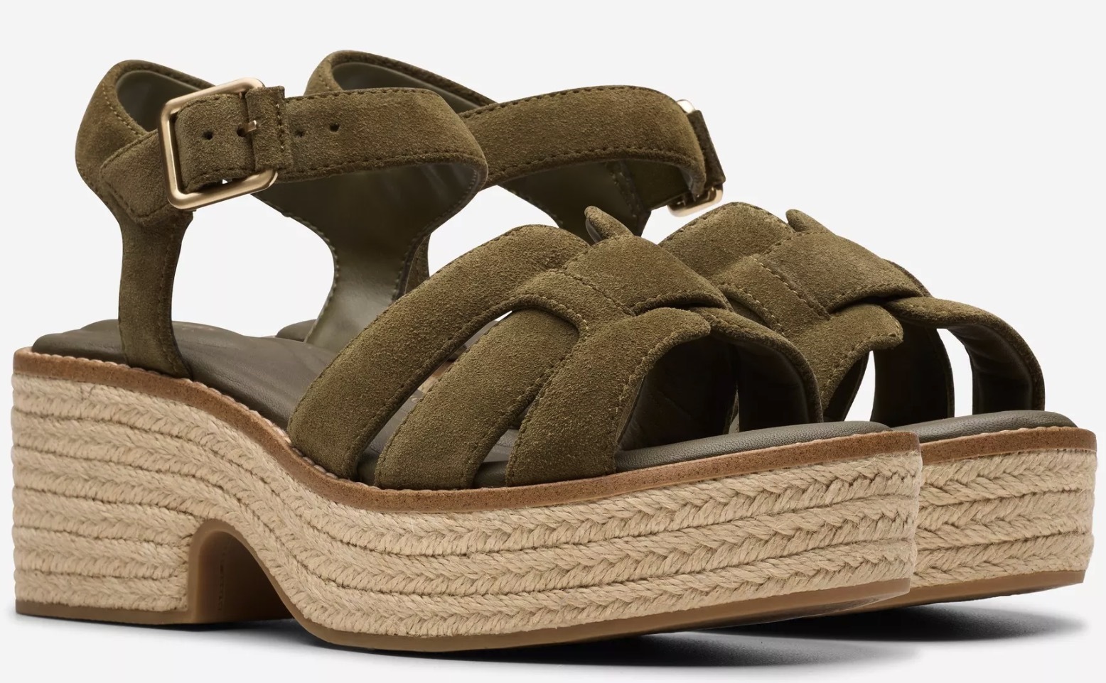 CLARKS 6.5cm ウエッジ オリーブ スエード サンダル 軽量 厚底