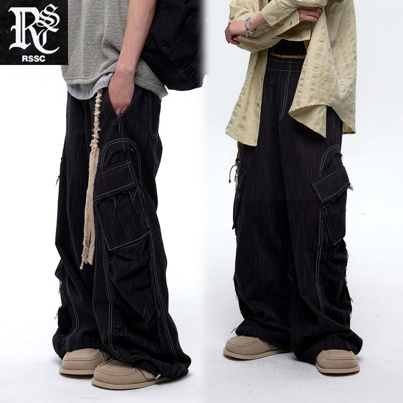 ●RSSC● WRINKLE MIXED STRIPE CARGO PANTS - BLACK / unisex
