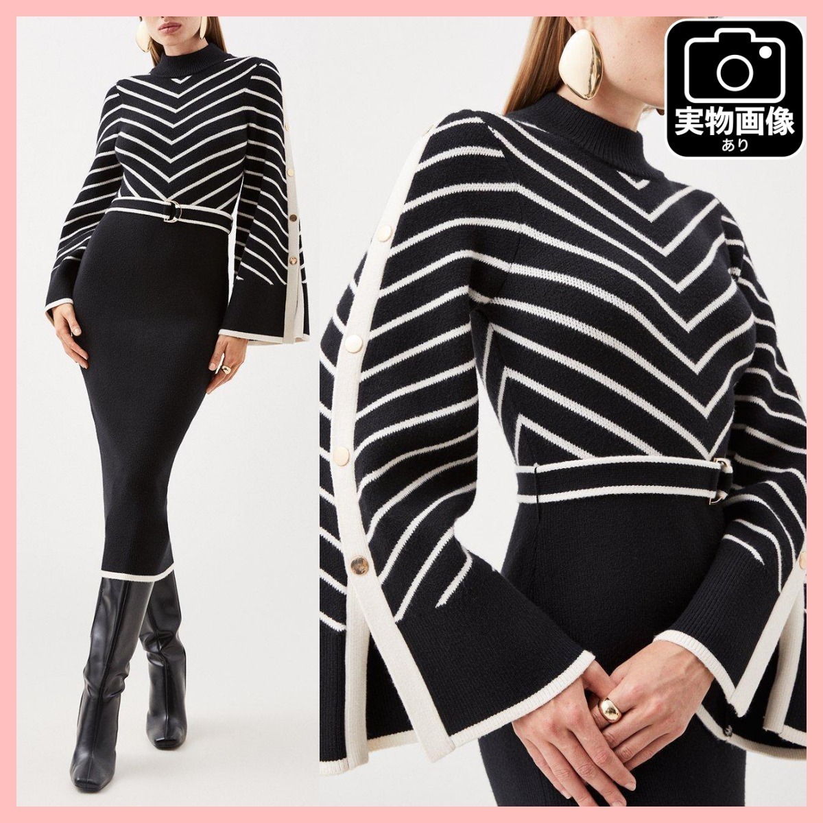 日本未入荷★Karen Millenベルスリーブモノクロニットワンピース