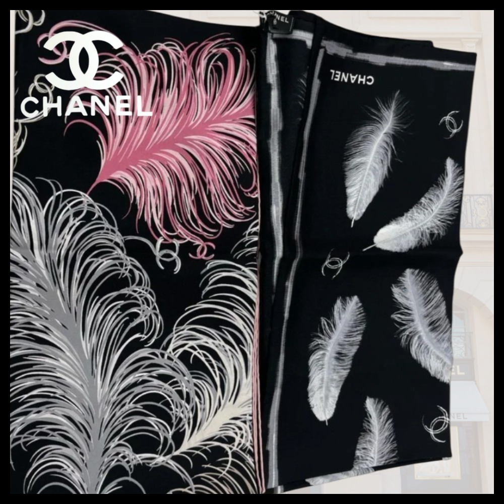 【インパクト大♪】CHANEL スカーフ シルク ツイル 羽デザイン