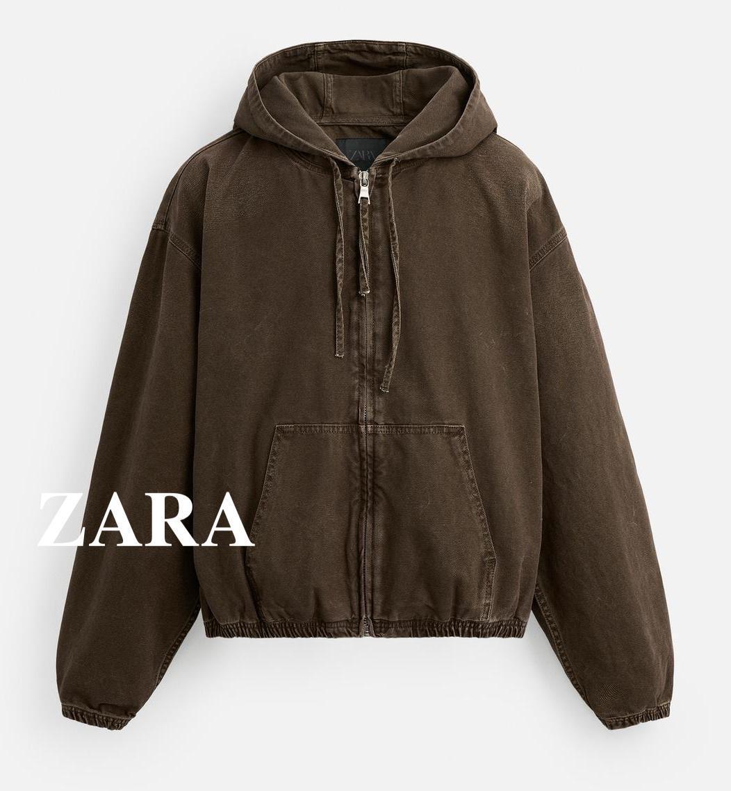 ★ドイツ発*ZARA*新作*ウォッシュ加工ZIPデニムフーディ/BROWN★