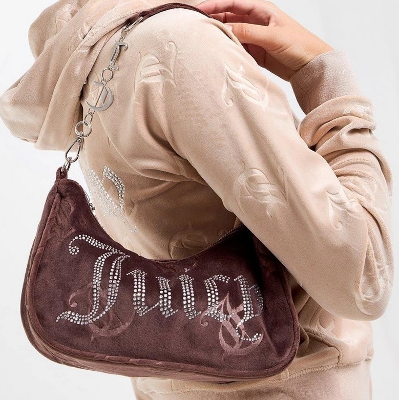 お洒落 JUICY COUTURE ベロア Diamanteバッグ Brown