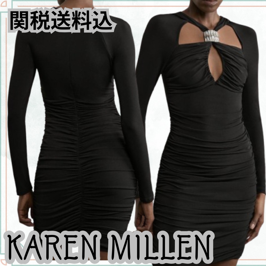 関税送料【KAREN MILLEN】クリスタル装飾ドレープミニドレス