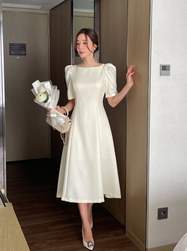【I AM MARI】Shanning Tweed Puff Flare Long One Piece