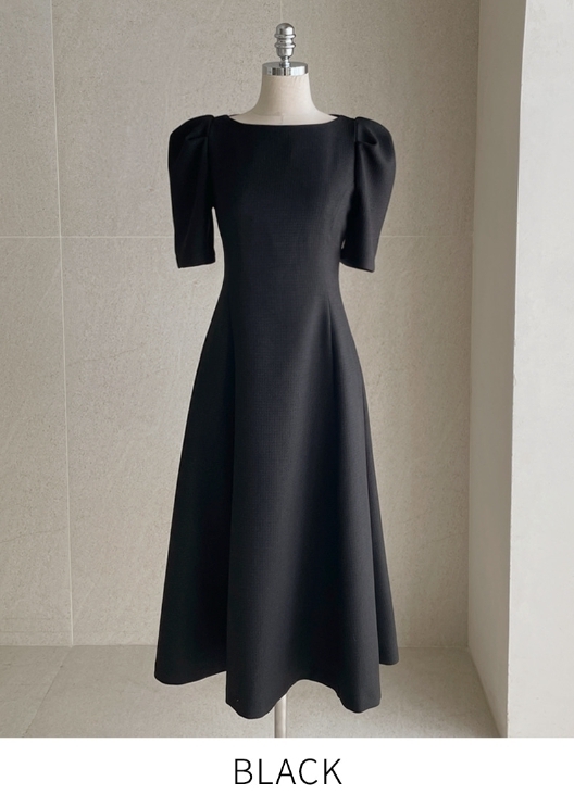 【I AM MARI】Shanning Tweed Puff Flare Long One Piece